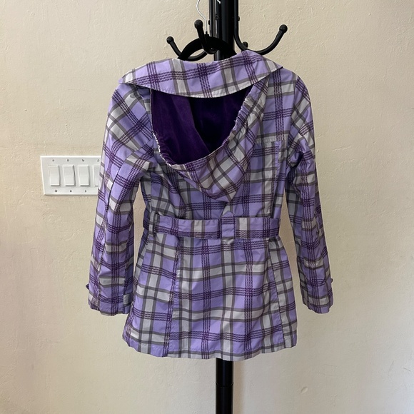 Purple lavender grey plaid belted fitted fleeced lined hooded winter jacket - Picture 7 of 16